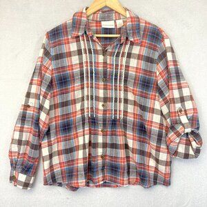 Vintage Alfred Dunner Linen Blend Western Blouse Top Size 16 Roll Tab Red Blue